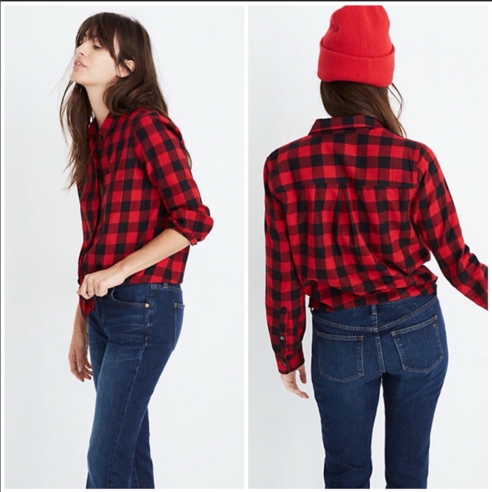 Madewell Red and Black 3/4 Sleeve Button Down Shirt